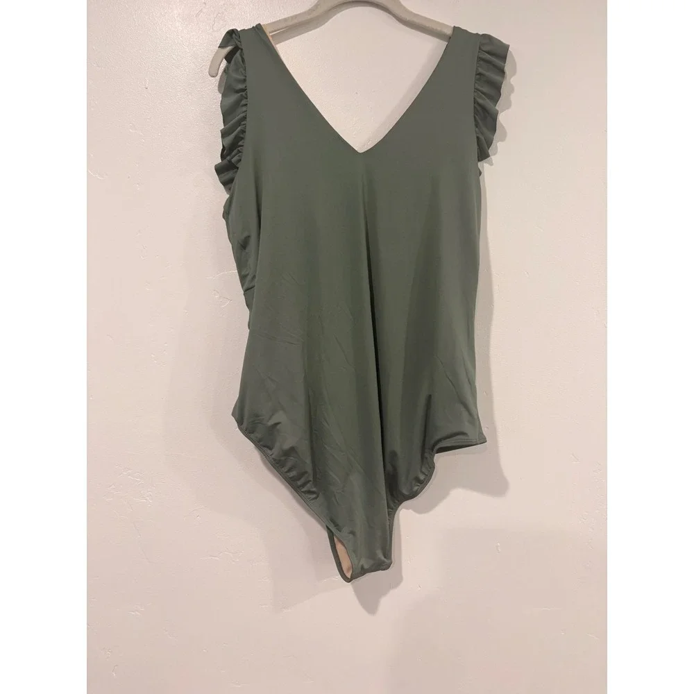 Albion Fit Maria One Piece Swimsuit Sage Green Ruffle V-Neck Ruched XXL
